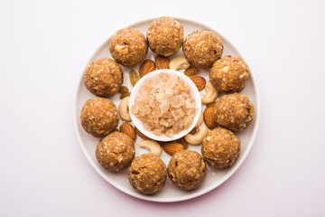 sweet Dink laddu also known as Dinkache ladoo or gond ke laddoo made using edible gum with dry fruits 