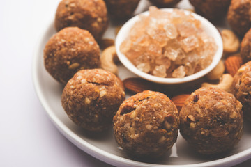 sweet Dink laddu also known as Dinkache ladoo or gond ke laddoo made using edible gum with dry fruits 