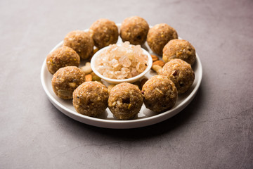 sweet Dink laddu also known as Dinkache ladoo or gond ke laddoo made using edible gum with dry fruits 