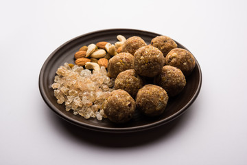 sweet Dink laddu also known as Dinkache ladoo or gond ke laddoo made using edible gum with dry fruits 