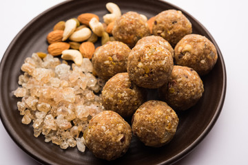 sweet Dink laddu also known as Dinkache ladoo or gond ke laddoo made using edible gum with dry fruits 