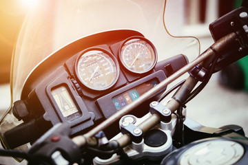 Classic motorbike control panel, close up picture, road trip concept