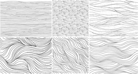 Wavy curly patterns set, black and white abstract vector backgrounds.