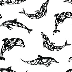 set of tribal tattoos. Dolphins, animals , sketch , ink vector seamless pattern on white background . Concept for print, textile , wallpaper, wrapping paper