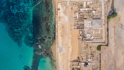 Caesarea Israel Bird Eye Drone Shot Mediterranean Sea