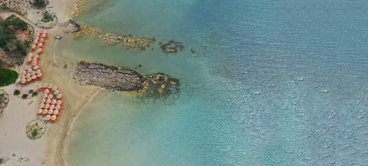 Aerial drone ultra wide photo of paradise turquoise bay in exotic destination