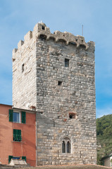 Medieval tower in Portovenere, small coastal town in the Cinque Terre national park, Italy