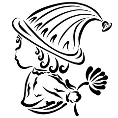 boy in a big funny hat holds a flower behind his back