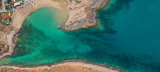 Aerial drone ultra wide photo of beautiful tropical exotic paradise Hawai island turquoise sandy bay