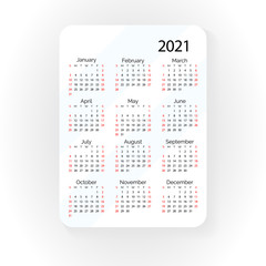 Pocket vector calendar 2021 year. Minimal business simple clean design. English grid, week starts from sunday.