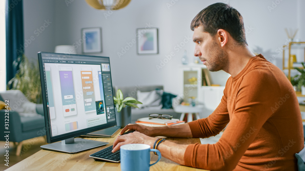 Poster handsome software engineer works on a ux / ui mobile app template, uses personal computer. freelance