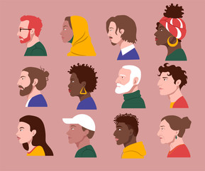 Random people of different cultures and races faces in profile vector images set