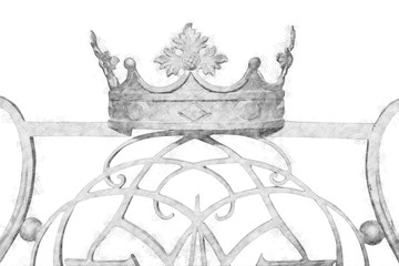 black and white pencil sketch style and abstract illustration of vintage ornament crown element