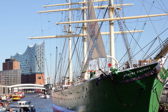 HAMBURG, GERMANY - MAY 5, 2018: Elbe Philharmonic Hall - Elbphilharmonie - seen from northeast with the museum ship Rickmer Rickmers moored in the foreground