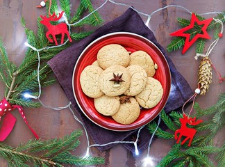 Homemade sugar cookies with cardamom in the New Year and Christmas style on the red clay plate on a brown background concrete.
