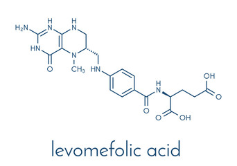 Levomefolic acid or 5-methyltetrahydrofolate molecule. Skeletal formula.