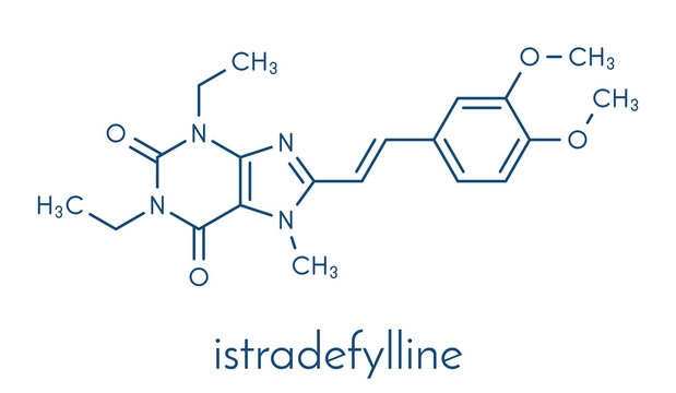 Istradefylline Parkinson's disease drug molecule. Skeletal formula.