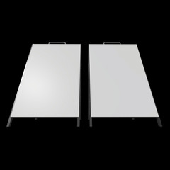 Sandwich board with metal parts. Blank menu outdoor display with clipping path. Trade show booth white and blank. 3d render on black background. High Resolution Template for your design.