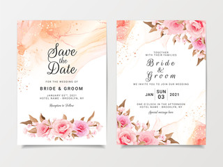 Artistic wedding invitation card template set with flower decorations. Peach roses with fluid background with gold glitter. Floral illustration for save the date, greeting, poster, cover vector