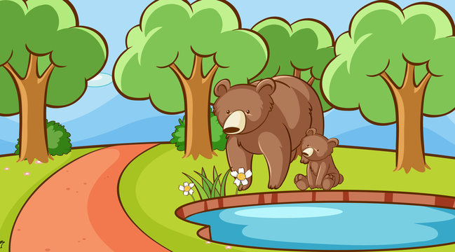 Scene with bears by the pond