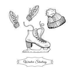 skates, knitted wool winter hat and knitted mittens, hand-drawn vector illustration. winter sports and leisure