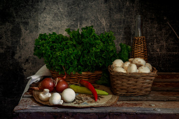 Vegetables on a vintage wooden chest
