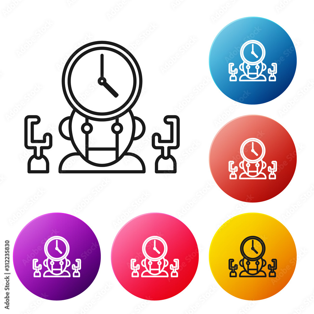 Poster black line robot and digital time manager icon isolated on white background. time management assista
