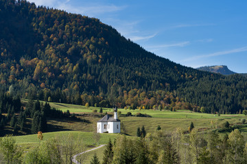 Autumn Forest and Chapel in the Mountains