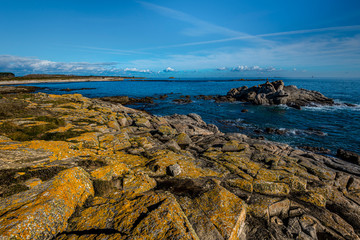 Fototapeta na wymiar View of the western coastline of Hoedic island from Cape Casperaquiz. Brittany, France.