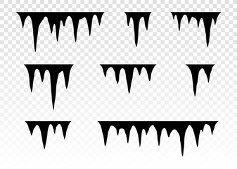 Set of snow icicles. Melting icicles. Paint dripping. Dripping liquid. Paint flows. Current paint, stains. Current inks. Stalactites outgrowths. Mineral formations. Vector illustration.  - obrazy, fototapety, plakaty