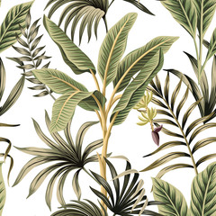 Tropical vintage palm trees, banana tree floral seamless pattern white background. Exotic botanical jungle wallpaper.