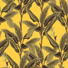 Tropical vintage banana trees floral seamless pattern yellow background. Exotic botanical jungle wallpaper.