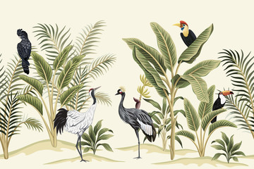 Tropical vintage bird, parrot, crane, toucan, palm tree, banana tree and plant floral seamless border ivory background. Exotic jungle wallpaper.