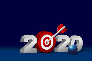 Business concept design of new year 2020 with target on blue background vector illustration