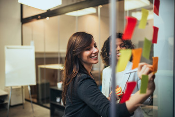 Positive business women working with sticky notes on a glass wall, portrait.