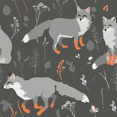 Three fluffy foxes iin red socks on a grey background seamless vector illustration. Monohrome picture with forest animals, leaves, flowers, grass, branches. Endless pattern. EPS 10