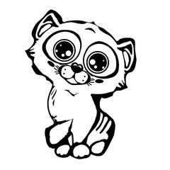 Young kitten with big eyes. Cute kitten is a drawning illustration.Black and white line art on a white background.