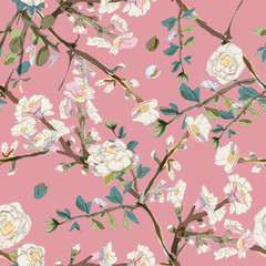 Seamless pattern with blossom flowers sakura tree. Vector illustration with plants wild roses. Gentle pastel colors.