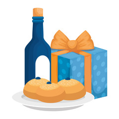 bottle of wine with gift box and breads isolated icon vector illustration design