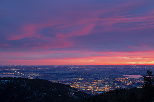 Landscape From Flagstaff Mountain At Dawn Of The City Of Boulder, Colorado, USA