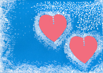 Greeting card for Valentine's Day. Pink hearts on a blue background. The concept of love, kindness, happiness