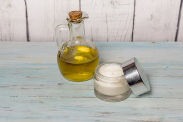 Homemade olive oil face cream, in glass jar