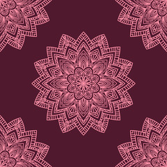 Fantasy seamless pattern with ornamental mandala. Abstract round doodle flower background. Floral geometric circle. Vector illustration.  