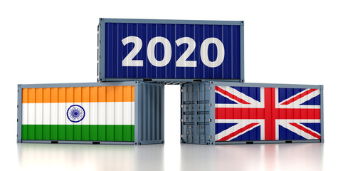 Year 2020 - Freight container with United Kingdom and India flag. 3D Rendering