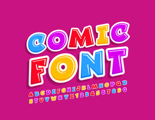 Vector colorful Comic Font. Funny Alphabet Letters and Numbers.