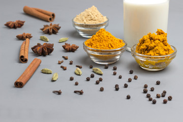 Milk in glass with ingredients for cooking Indian drink turmeric beverage. Spices: cardamom, cinnamon sticks, star anise, turmeric, ginger, pepper, cloves on gray  background.