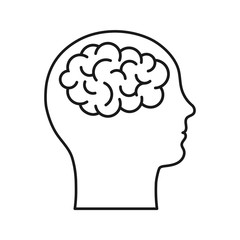 Obraz premium Icon of human cerebrum. The image of the brain in the head of a human. Vector illustration in outline style are isolated on white background.