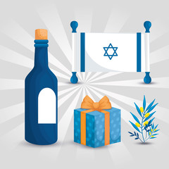 flag israel with bottle wine and icons vector illustration design