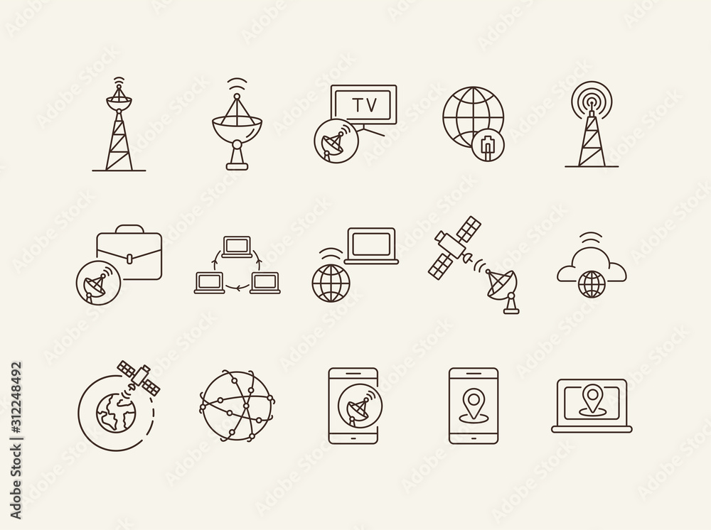 Poster network connection thin line icon set