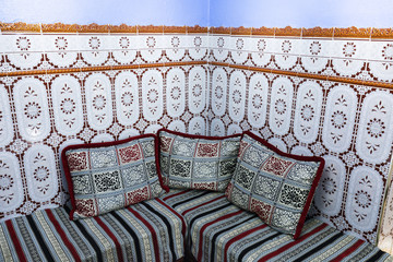 Typical moroccan accommodation in blue town Chefchaouen, Morocco, Africa View of a traditional Riad...